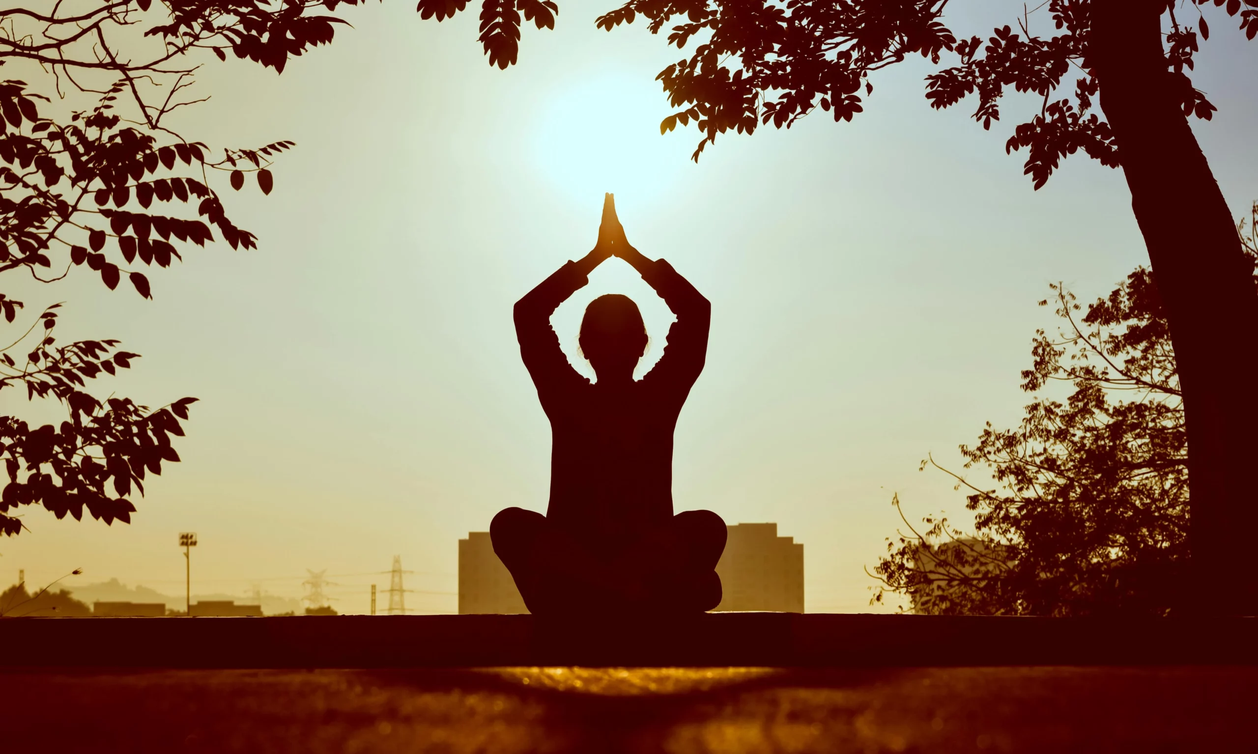 Uma pessoa meditando em um ambiente natural, com luz suave e um fundo tranquilo, como árvores ou uma paisagem serena.